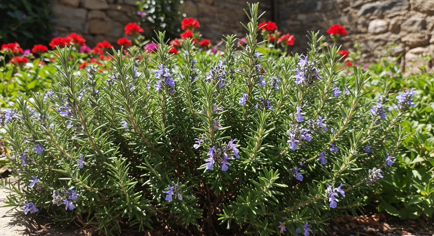 Photorealistic image of a healthy Rosemary bush with its characteristic needle-like leaves and small blue flowers, growing in a sunny garden.