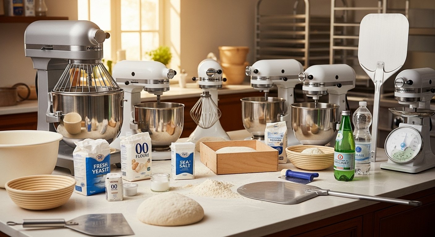 Photorealistic image of a kitchen with various stand mixers and baking tools, ready for making Authentic Neapolitan Pizza Dough.
