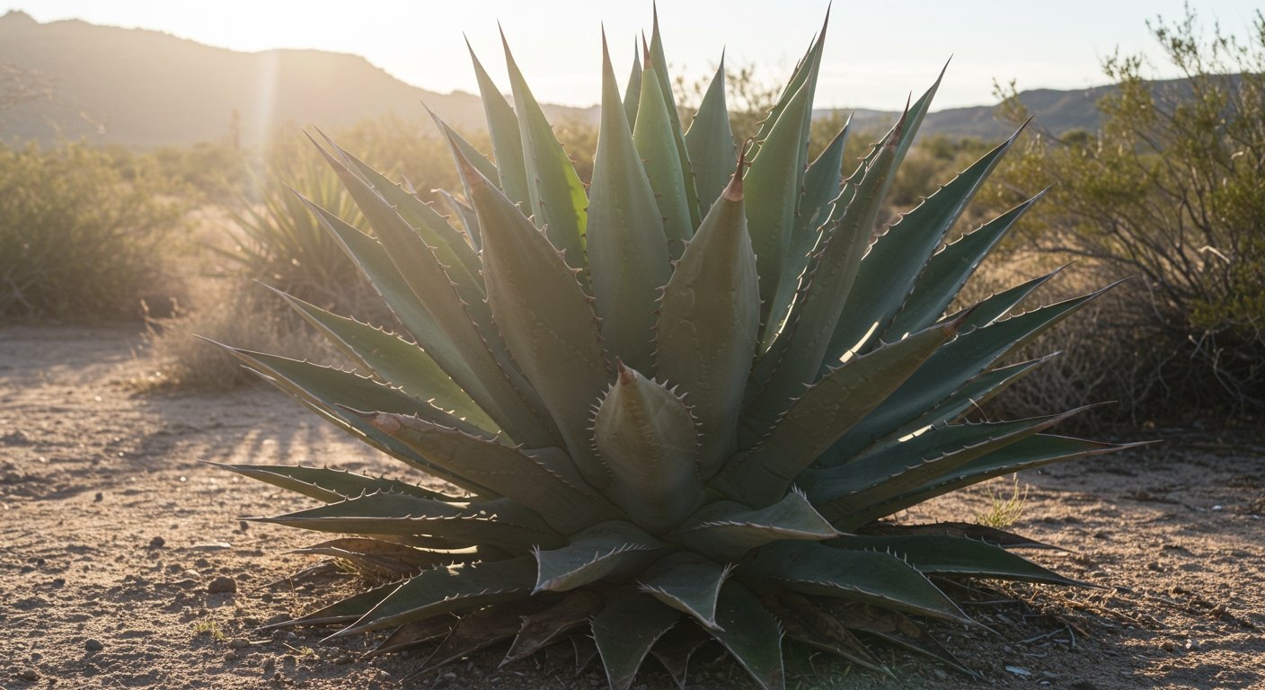 Photorealistic image of a large, mature Agave plant with its symmetrical rosette of grey-green leaves, bathed in sunlight.