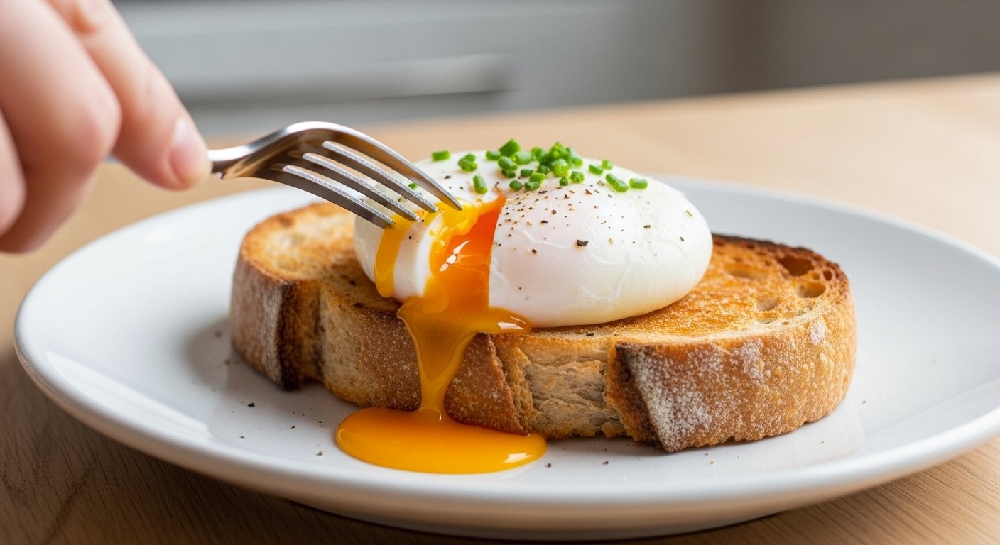 Photorealistic image of a perfect poached egg on toast, with a runny yolk, demonstrating how to poach eggs.