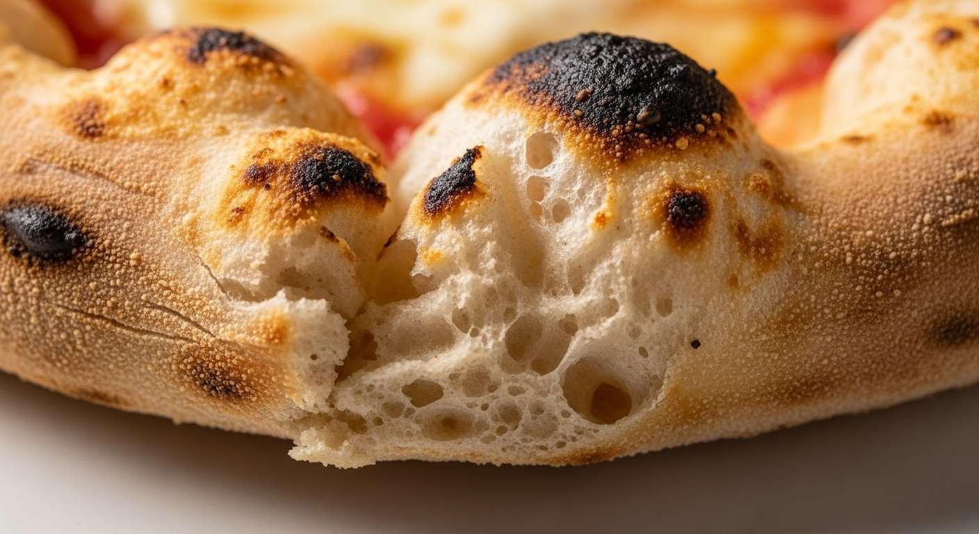 Photorealistic image of a perfectly baked Authentic Neapolitan Pizza Dough crust, showing a blistered and airy cornicione.