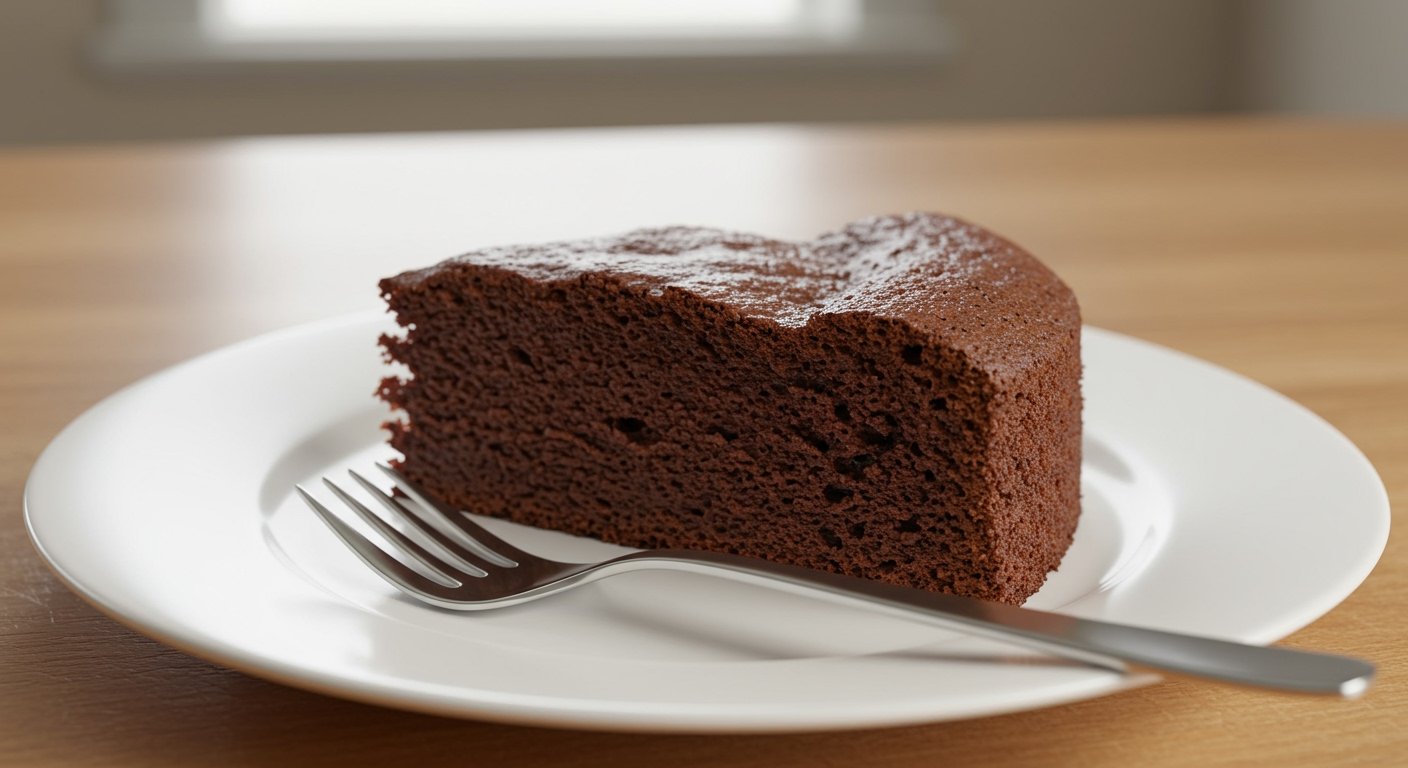 photorealistic image of a perfectly moist cake slice on a plate, with a fork, emphasizing its soft and tender crumb, why are cakes dry