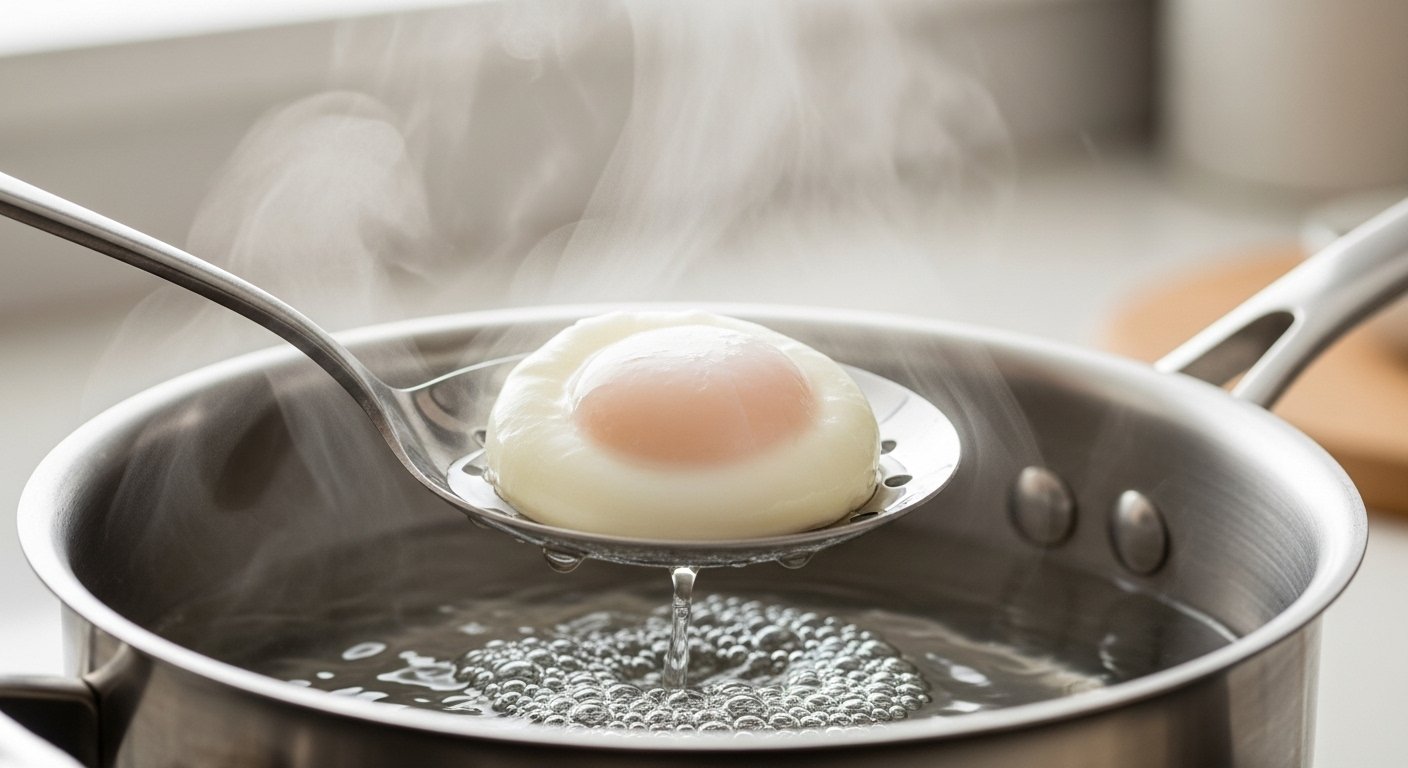 Photorealistic image of a perfectly poached egg being gently lifted from simmering water with a slotted spoon, illustrating how to poach eggs.
