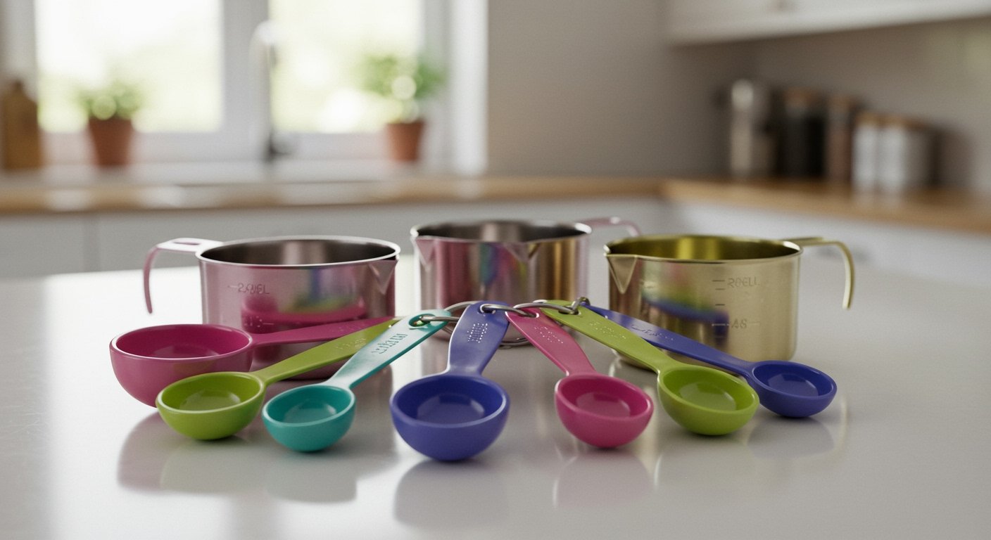 Photorealistic image of a set of colorful measuring cups and spoons neatly arranged on a kitchen counter. Highlight these basic yet crucial kitchen gadgets for aspiring chefs.