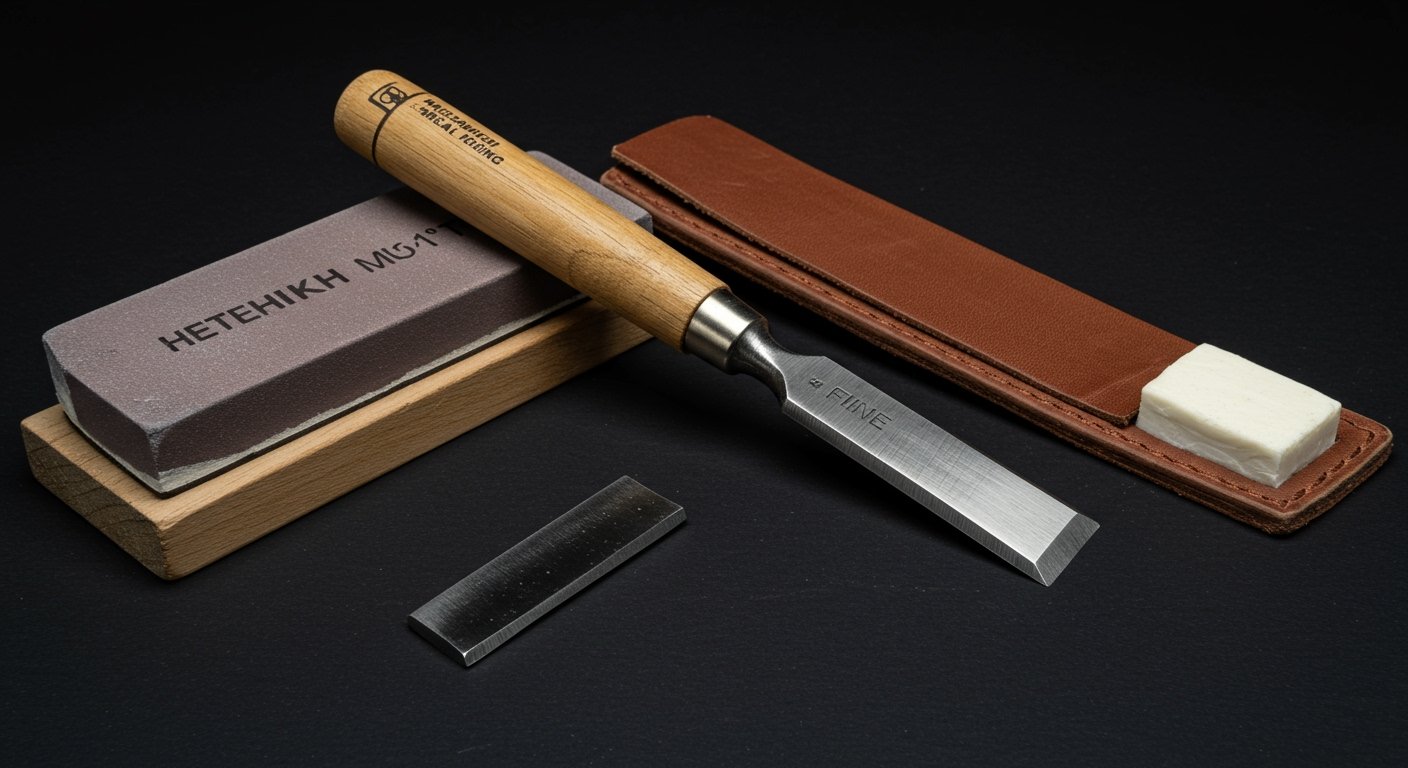 Photorealistic image of a set of whetstones (medium and fine grit) and a leather strop with honing compound, next to a newly sharpened chisel on a dark background, emphasizing sharpness.