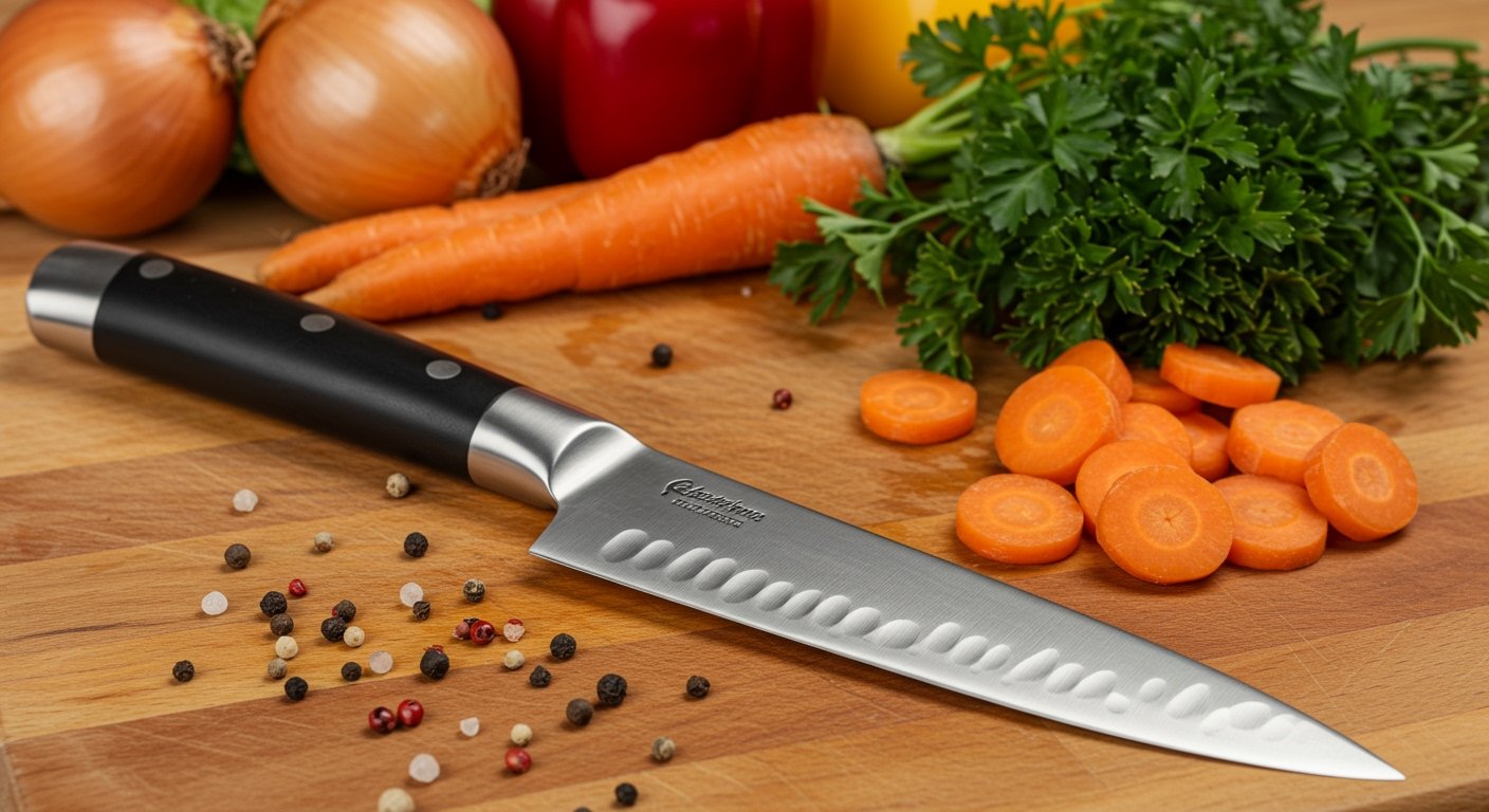 Photorealistic image of a sharp chef's knife resting on a wooden cutting board, with various fresh vegetables (onions, carrots, herbs) nearby, ready for chopping. Focus on the quality of the kitchen gadgets for aspiring chefs.