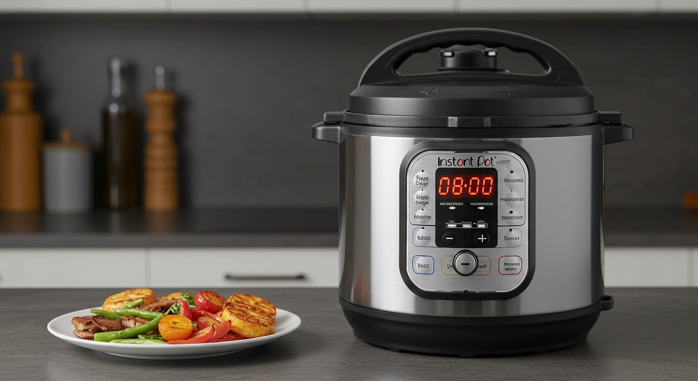 Photorealistic image of a sleek Instant Pot on a modern kitchen counter, displaying its various function buttons and a meal being prepared quickly, emphasizing its multi-functionality and speed, in a slow cooker vs instant pot comparison.