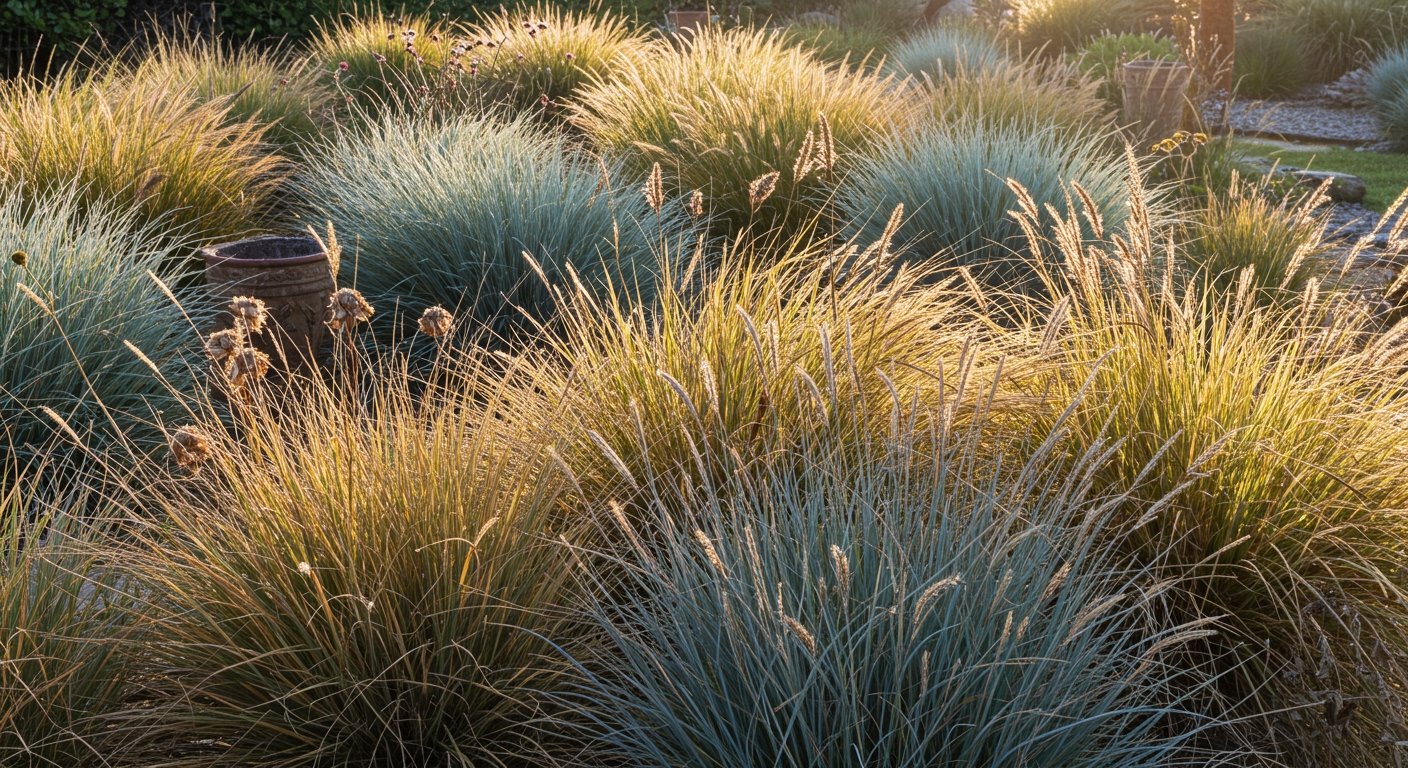 Photorealistic image of a variety of ornamental grasses, including feathery types and blue fescue, swaying gently in a dry, sunny garden.