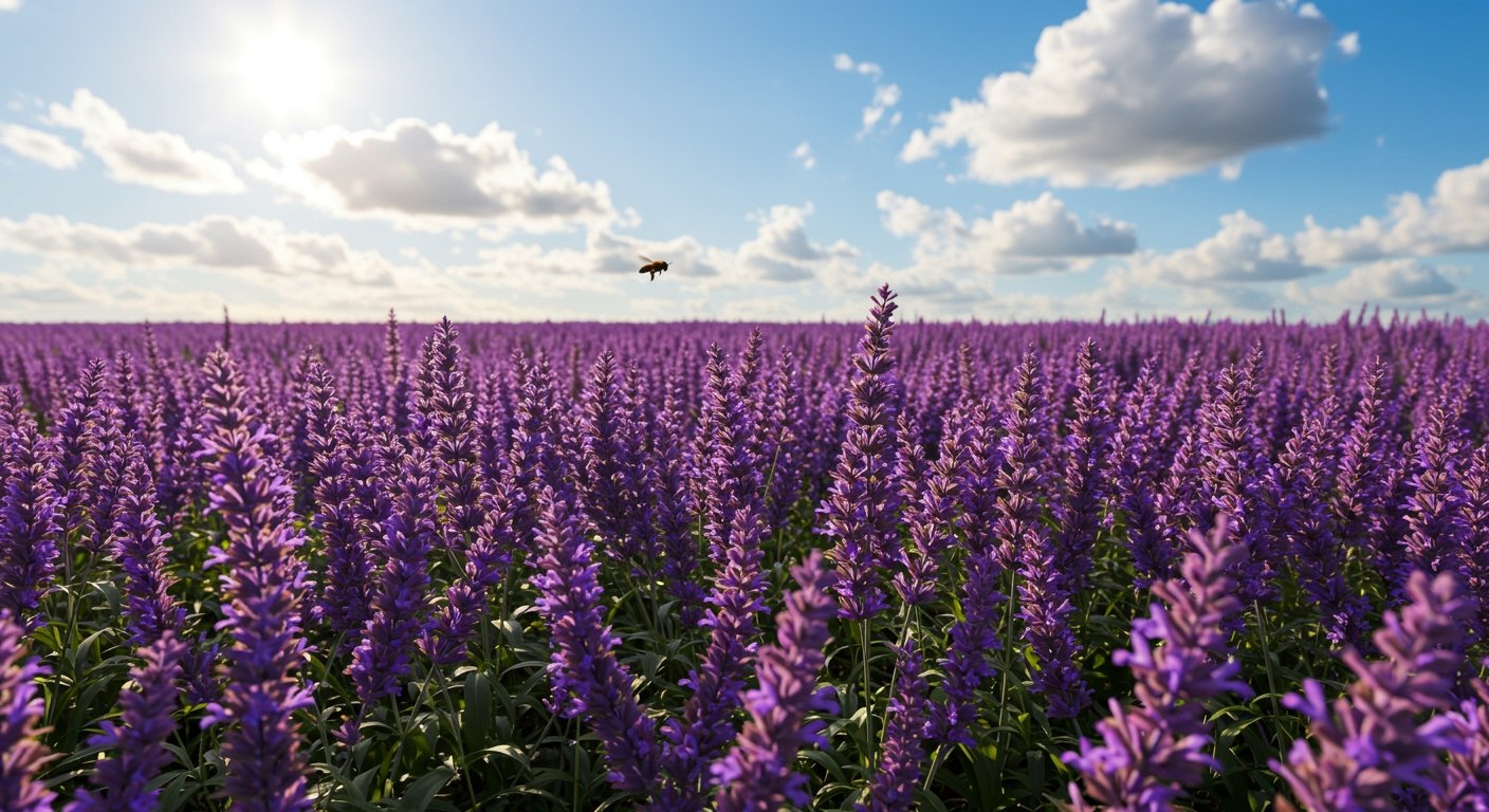 Photorealistic image of a vibrant field of purple lavender plants under a sunny sky, with a bee buzzing near a flower.