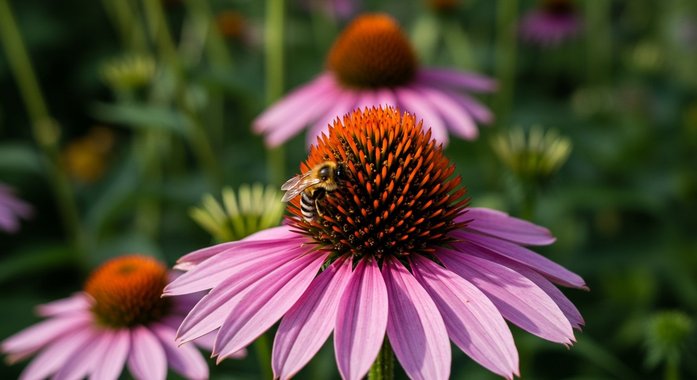 Photorealistic image of a vibrant purple coneflower (Echinacea purpurea) with a bee on its prominent central cone, in a sunny garden.