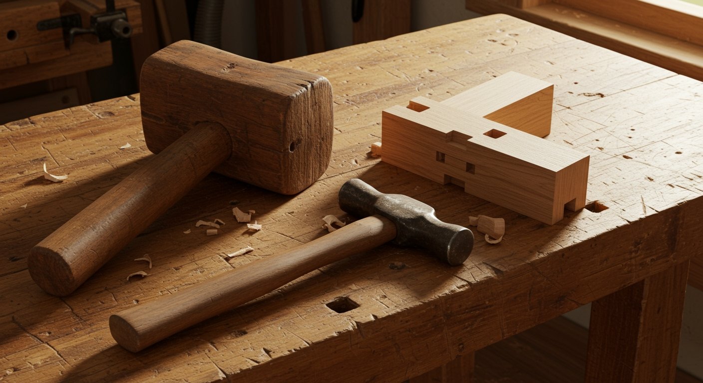 Photorealistic image of a wooden mallet and a claw hammer resting on a workbench next to a partly assembled wooden joint.