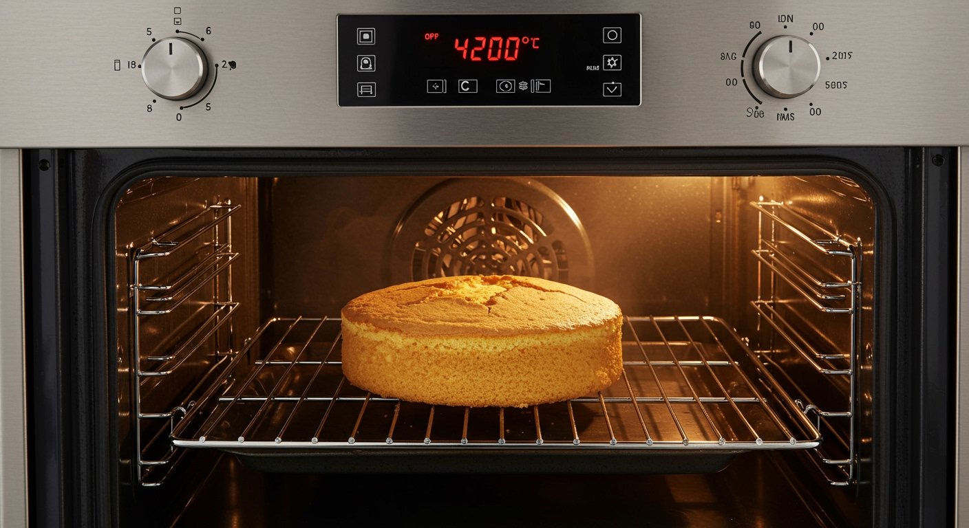photorealistic image of an oven with an inaccurate temperature reading, showing a cake drying out inside, why are cakes dry