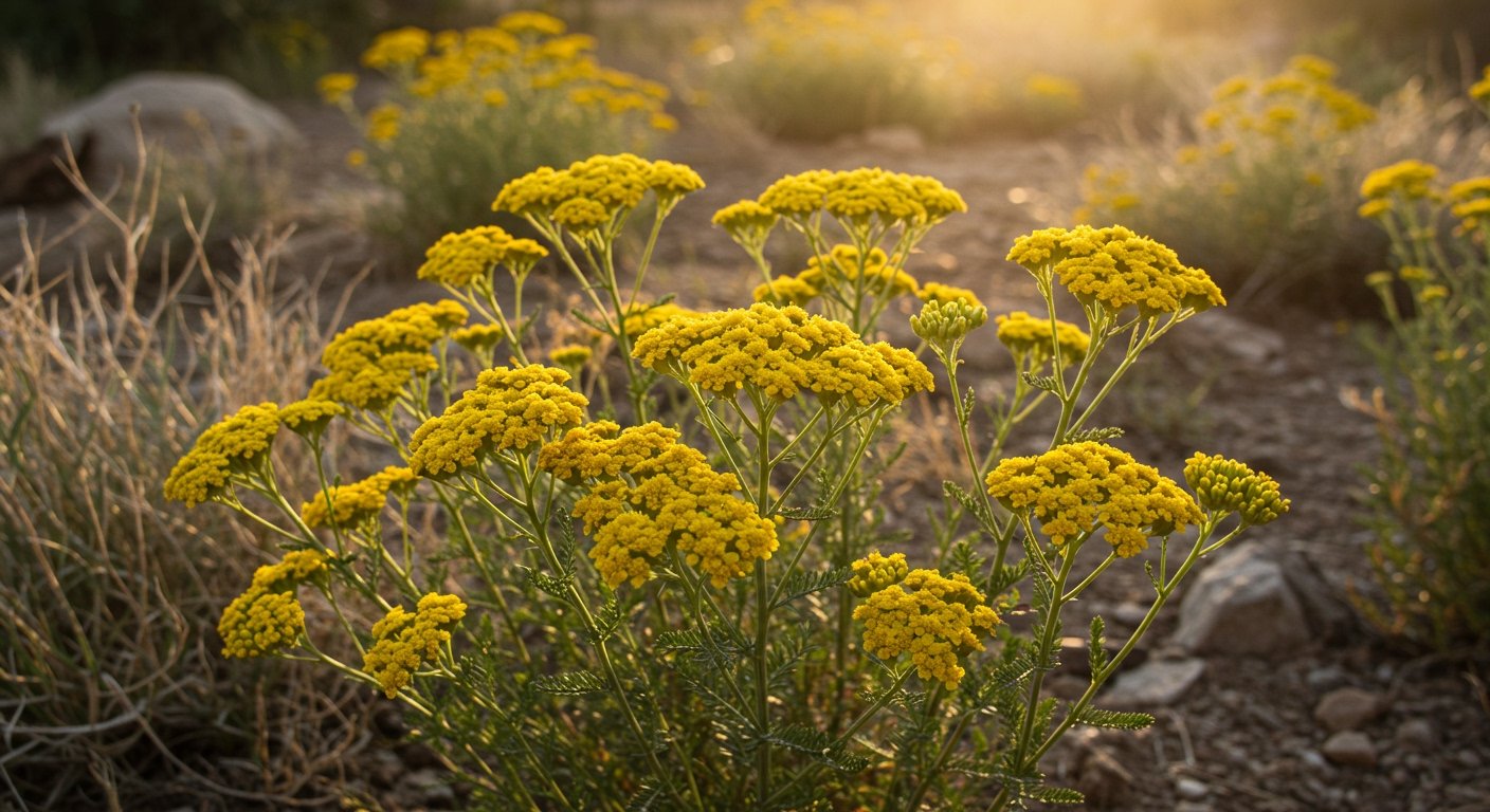 Photorealistic image of bright yellow Yarrow flowers blooming in a sunny, arid garden, with a blurred background.