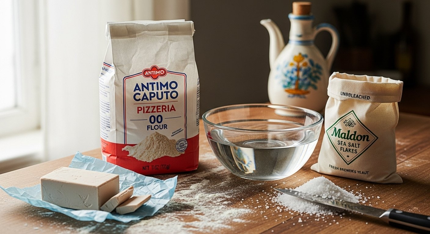 Photorealistic image of essential ingredients for Authentic Neapolitan Pizza Dough laid out on a kitchen counter: a bag of 00 flour, a bowl of water, sea salt, and fresh brewer's yeast.