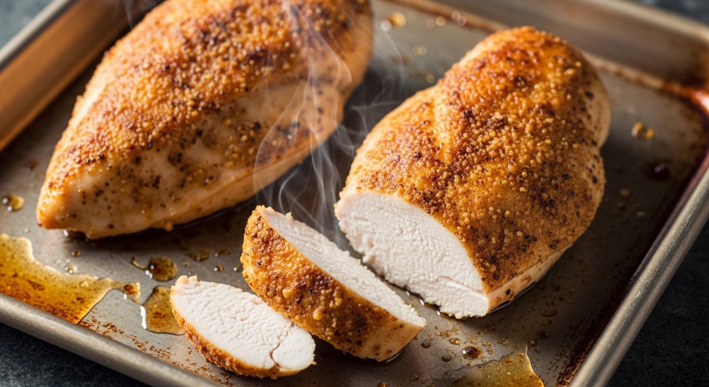 Photorealistic image of golden-brown, baked boneless skinless chicken breasts on a baking sheet, fresh out of the oven, with steam gently rising. The focus is on how to cook juicy chicken breast.