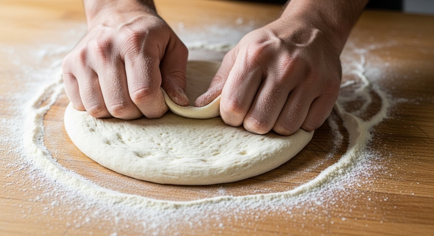 Photorealistic image of hands gently kneading Authentic Neapolitan Pizza Dough on a wooden surface, with a dusting of 00 flour.