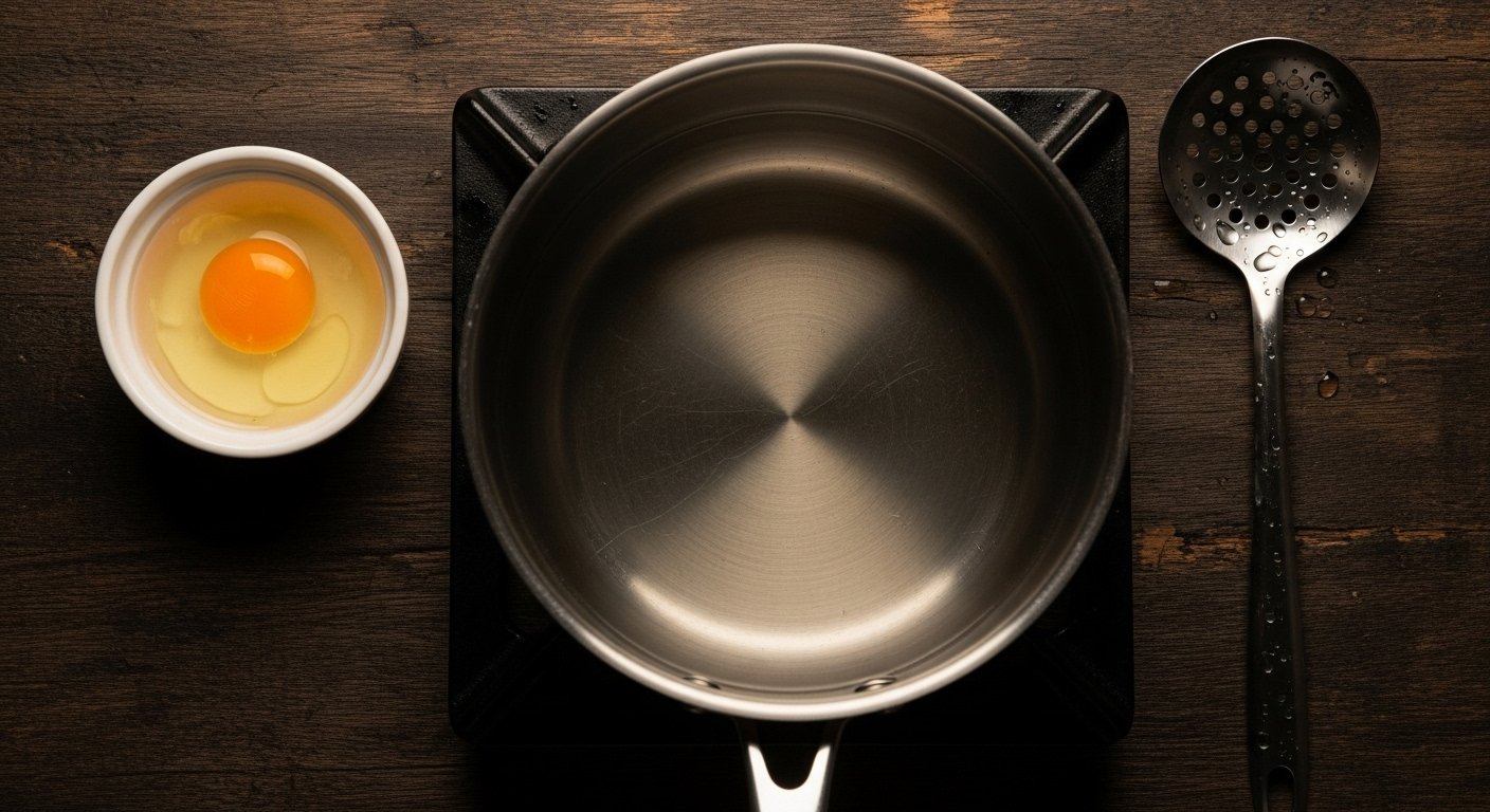 Photorealistic image of poaching tools: a deep pot, slotted spoon, and a small bowl with an egg, ready to demonstrate how to poach eggs.