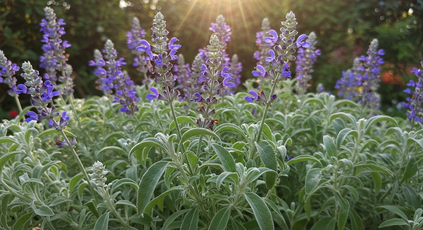 Photorealistic image of Russian Sage with its silvery leaves and purple-blue flower spikes, swaying gently in a sunny garden.
