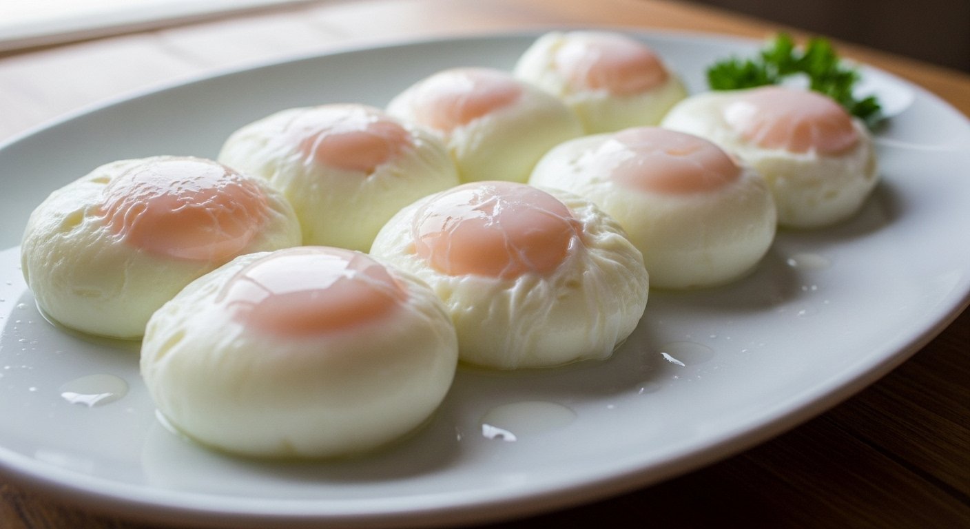 Photorealistic image of several perfectly poached eggs arranged on a platter, ready to be served, highlighting how to poach eggs.