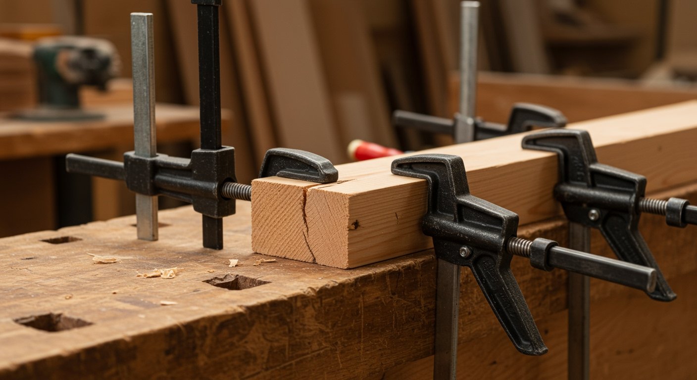 Photorealistic image of various F-style clamps and bar clamps holding together a wooden workpiece on a workbench. Focus on the secure holding of the clamps.