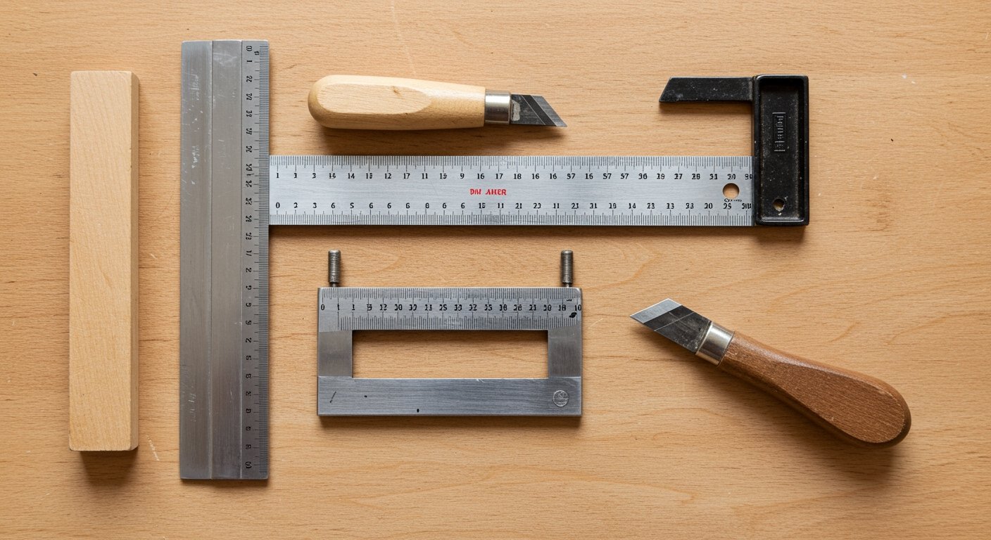 Photorealistic image of various measuring and marking tools: a steel ruler, a combination square, a try square, a marking gauge, and a marking knife, all arranged neatly on a light wood workbench.