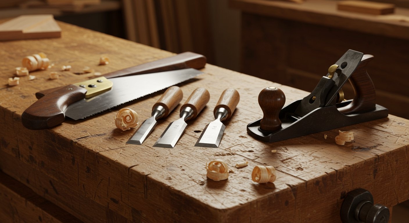 Photorealistic image showcasing essential cutting and shaping tools: a Japanese pull saw, a set of bench chisels with wooden handles, and a block plane, artfully arranged on a workbench.