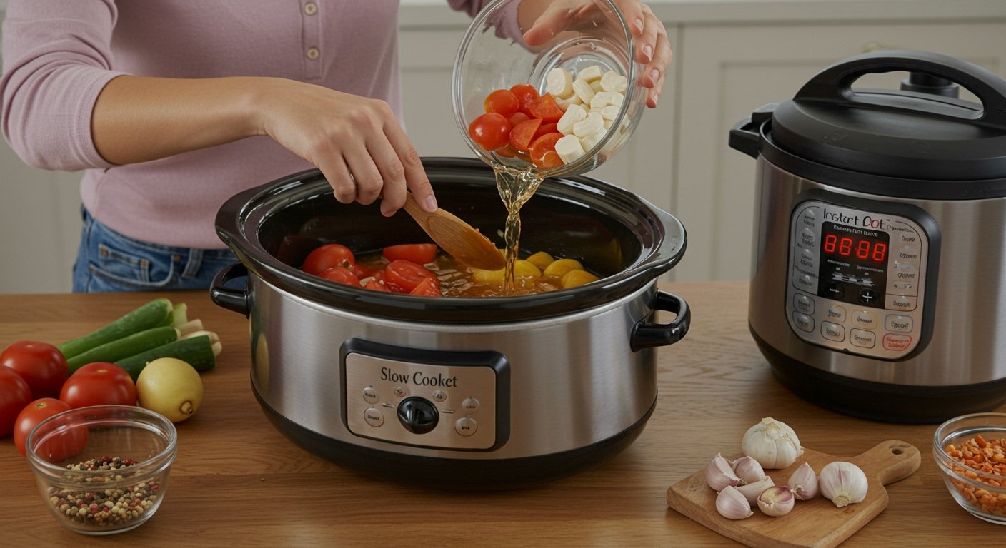 Photorealistic image showing a busy parent quickly adding ingredients to a slow cooker before leaving for work, illustrating the 'set it and forget it' convenience, with a subtle focus on the slow cooker vs instant pot decision in the background.