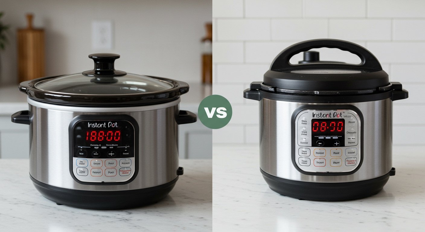 Photorealistic side-by-side comparison image of a traditional slow cooker and an Instant Pot, showcasing their different designs and functions on a clean kitchen counter, clearly illustrating the slow cooker vs instant pot debate visually.