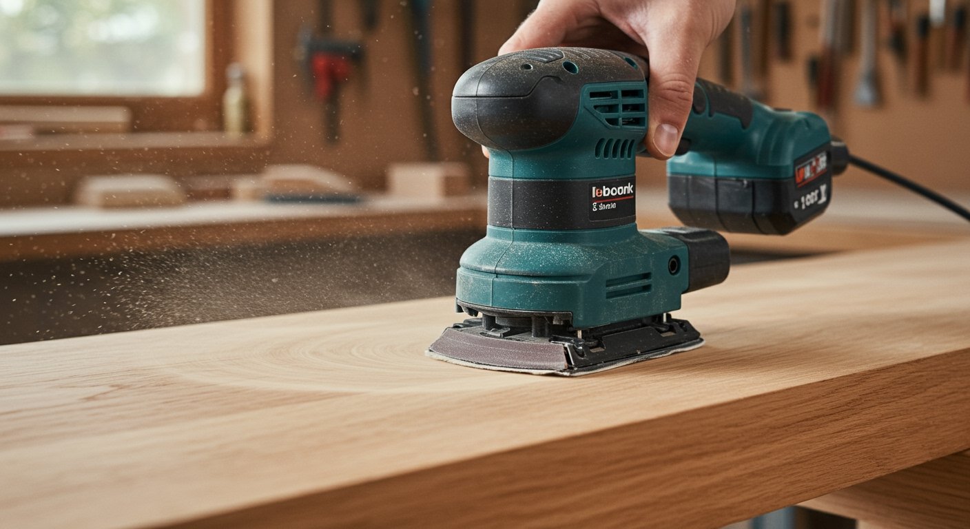 Random orbital sander in action on a wooden surface, creating a smooth finish, demonstrating the best power tools for workshop.