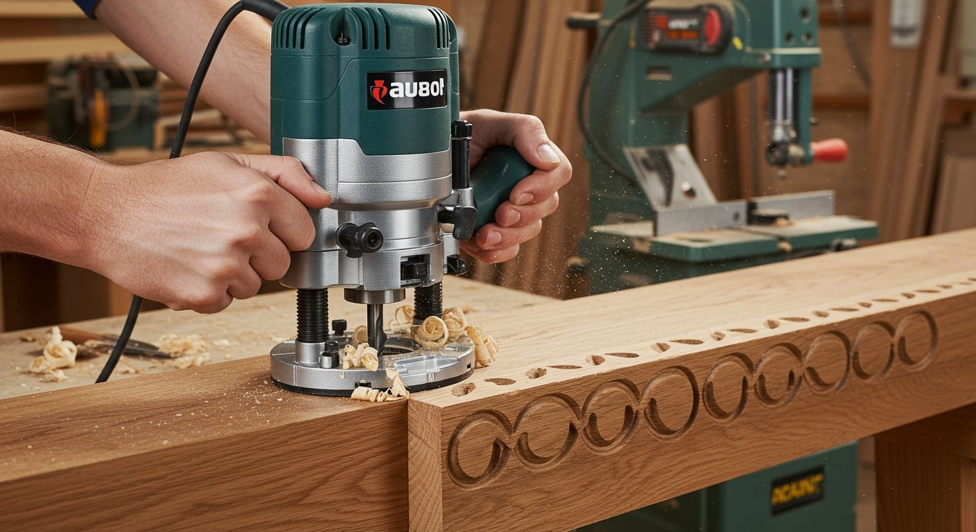 Router creating a decorative edge on a wooden workpiece, illustrating advanced use of the best power tools for workshop.