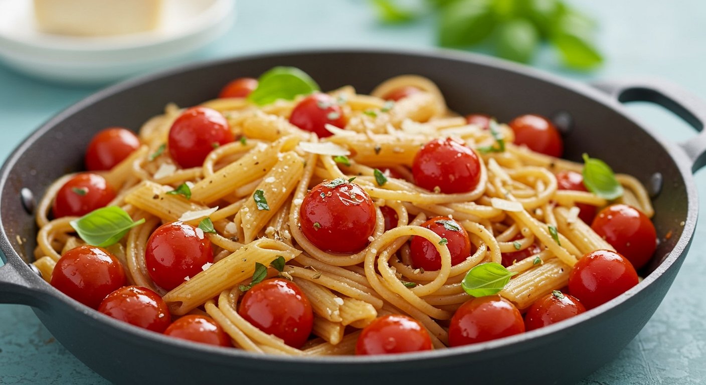Savory one-pot pasta with cherry tomatoes and fresh herbs, a perfect example of delicious weeknight dinners under 30 minutes.