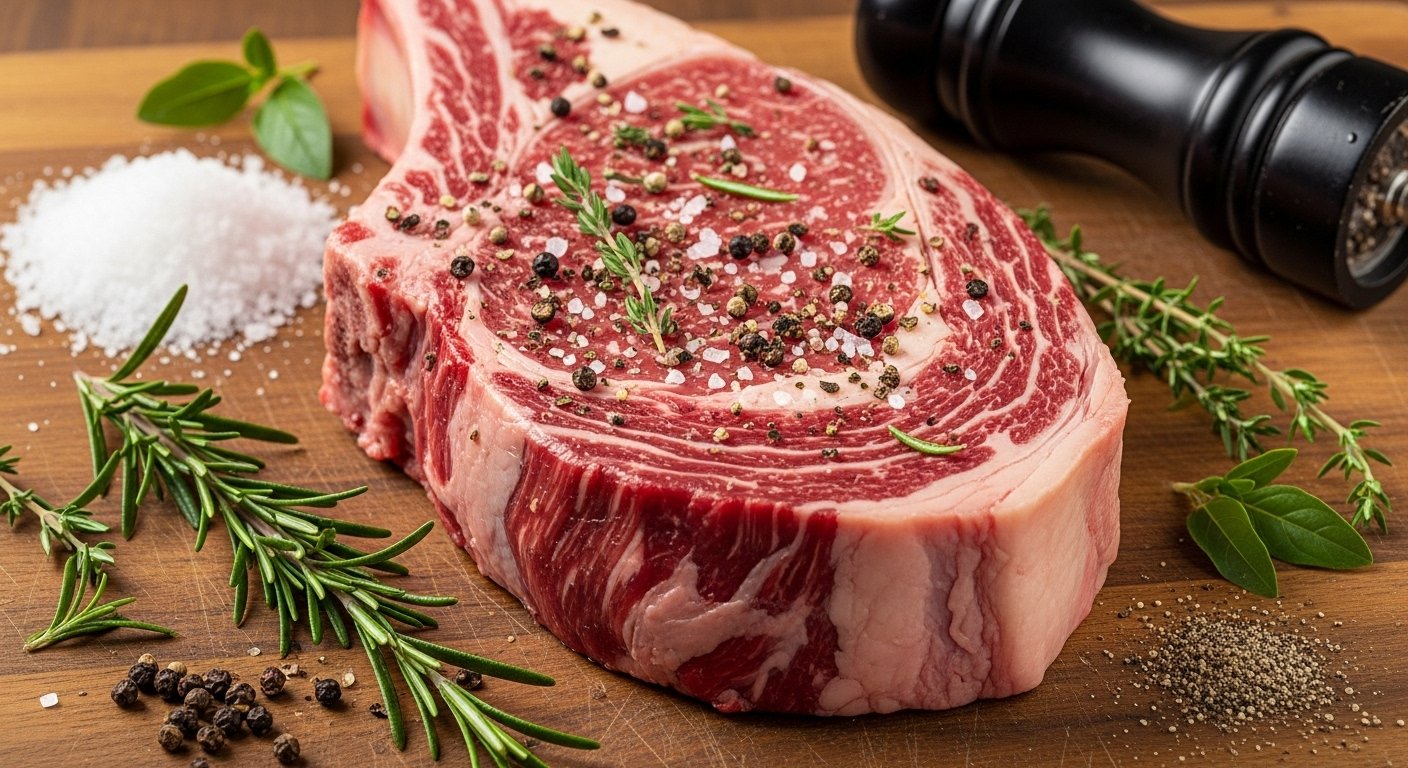 Seasoned raw ribeye steak on a cutting board, ready to cook perfect steak with salt, pepper, and herbs.