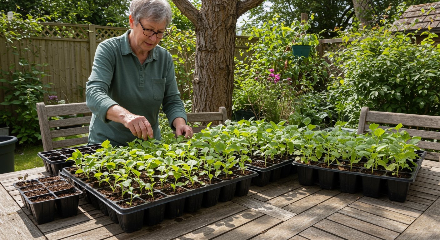 Seedling trays placed on an outdoor patio table, partially shaded by a tree, with a gardener checking on them, demonstrating the hardening off process, realistic photo with a focus on healthy young plants.
