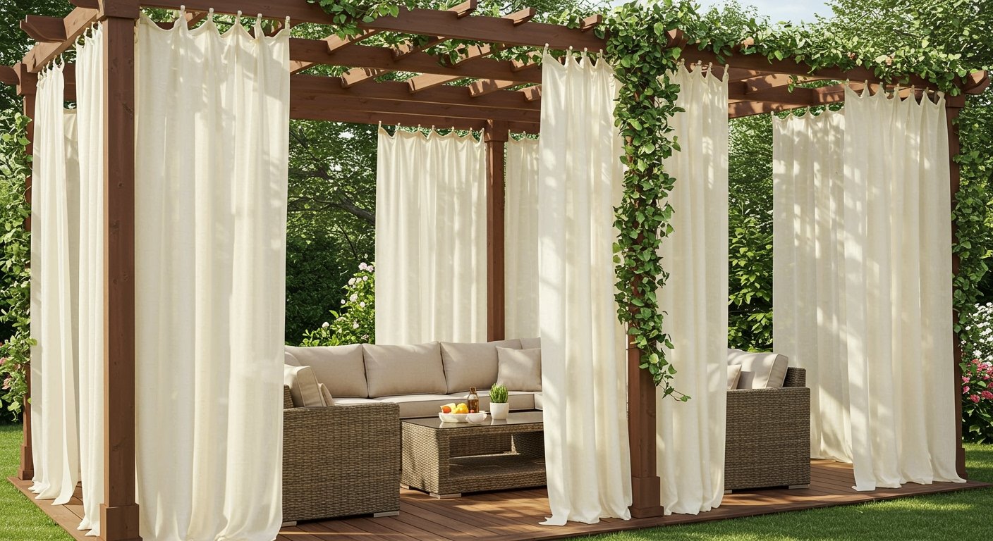 Sheer, flowing outdoor curtains draped around a pergola-covered patio seating area, adding a touch of elegance, privacy, and protection from sun, photorealistic.