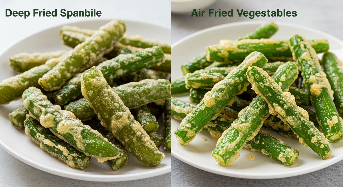 Side-by-side comparison of deep-fried and air-fried vegetables, visually answering