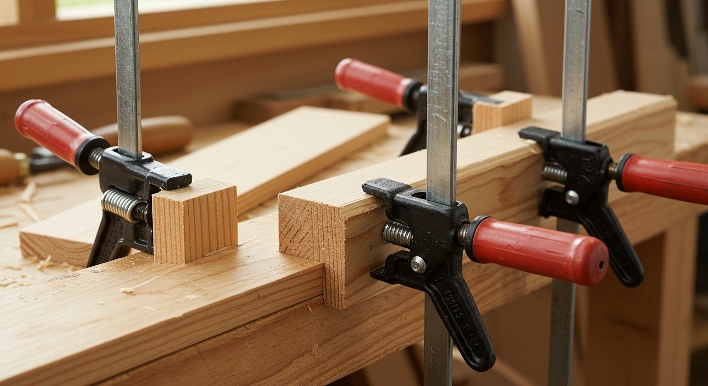 Spring clamps demonstrating quick action for small wood trim pieces, essential for the best woodworking clamps collection.