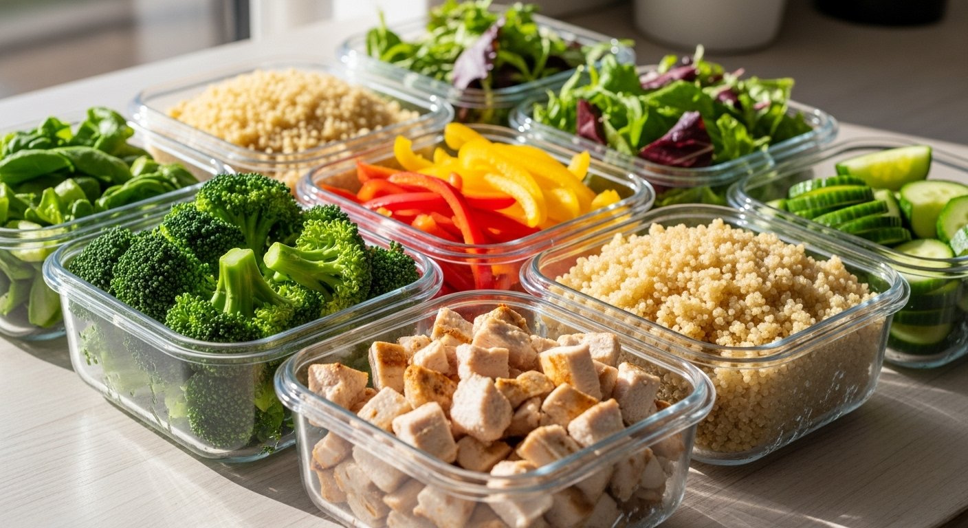 Various containers filled with prepped ingredients like chopped vegetables, cooked grains, and grilled chicken, showcasing effective Meal Prep Hacks to Elevate Everyday Cooking.