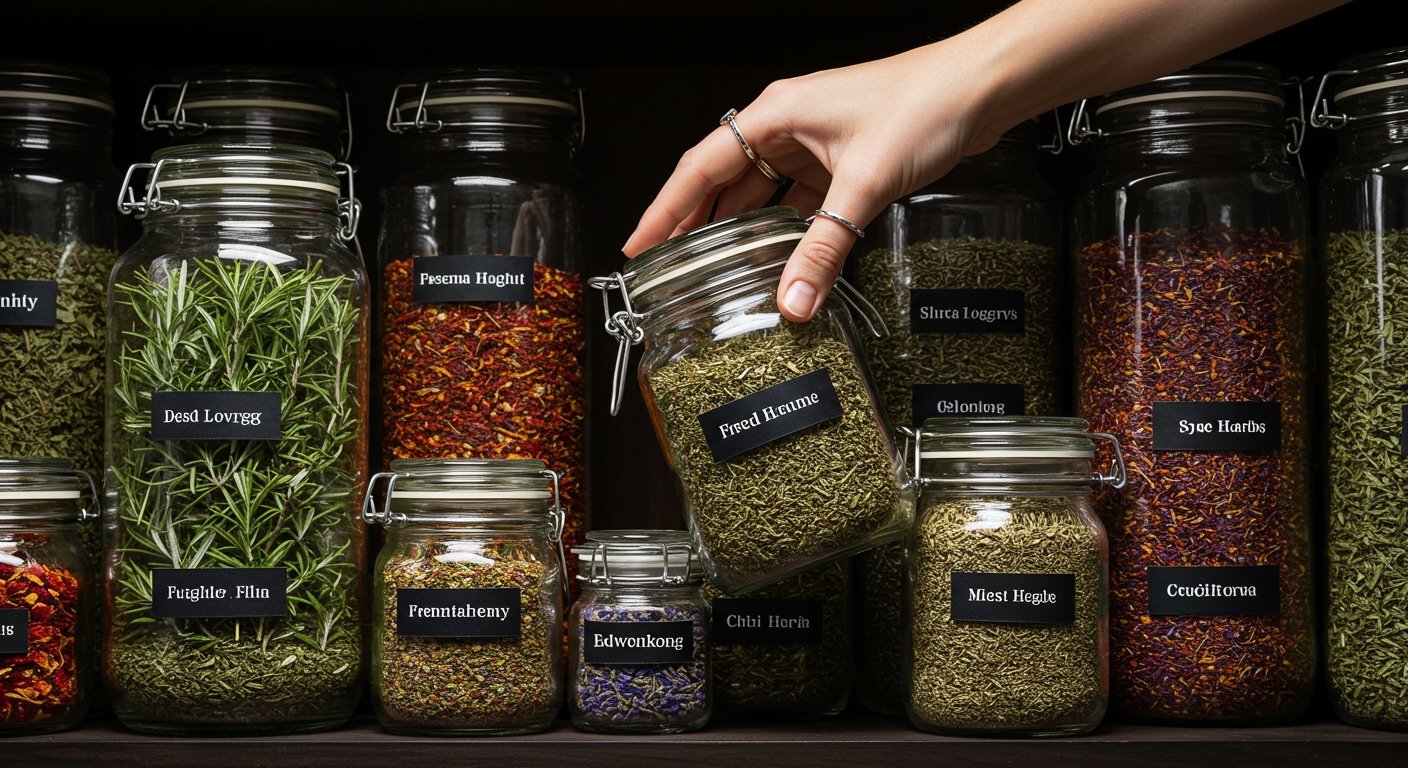 Various jars of dried herbs in a dark, cool pantry, with a hand testing the aroma of an herb, emphasizing the shelf life aspect of Fresh vs dried herbs.