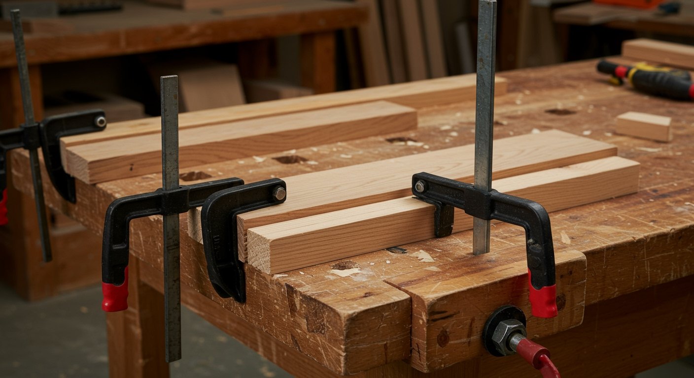 Various types of woodworking clamps (F-clamps, bar clamps) securing several pieces of wood together on a workbench, demonstrating their vital role as woodworking hand tools for beginners.
