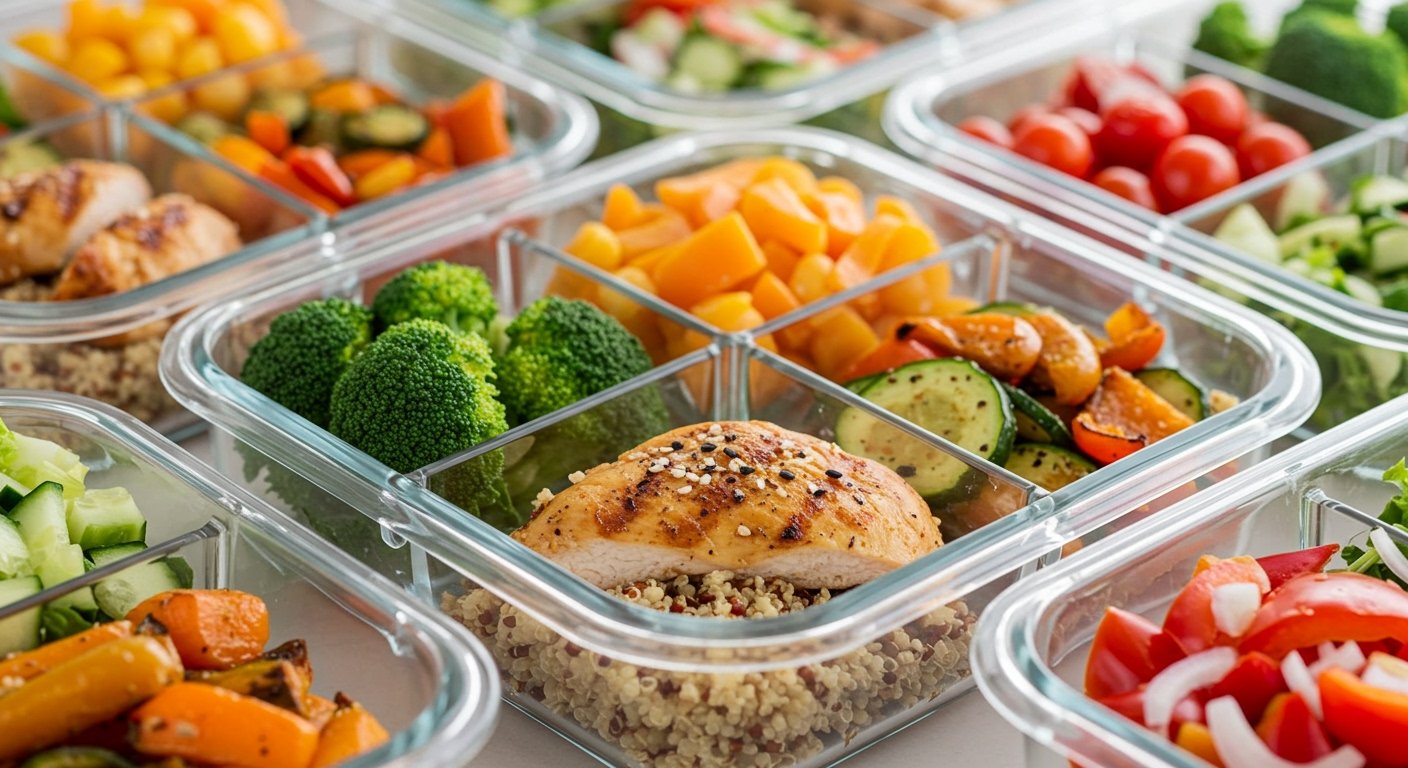 Vibrant, perfectly portioned healthy meals in containers, illustrating effective meal prepping for beginners.