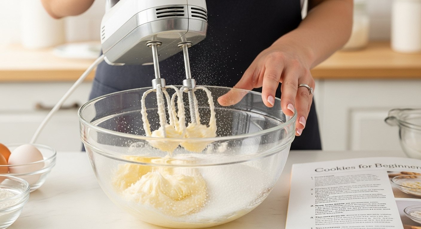 A baker creaming unsalted butter and granulated sugar together in a mixing bowl for how to bake cookies for beginners.