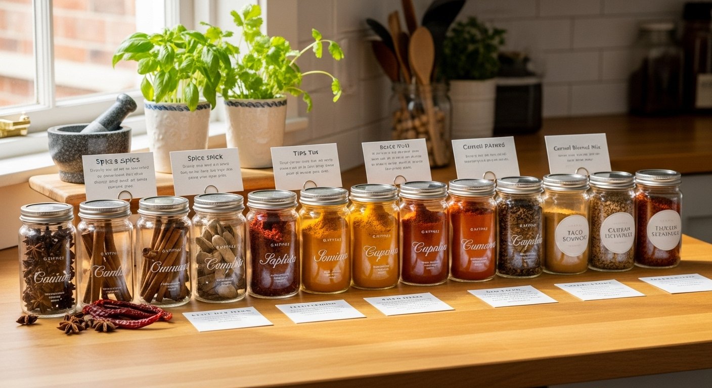 A beautifully organized kitchen counter with a variety of colorful spice jars, illustrating how to build a flavorful spice rack.