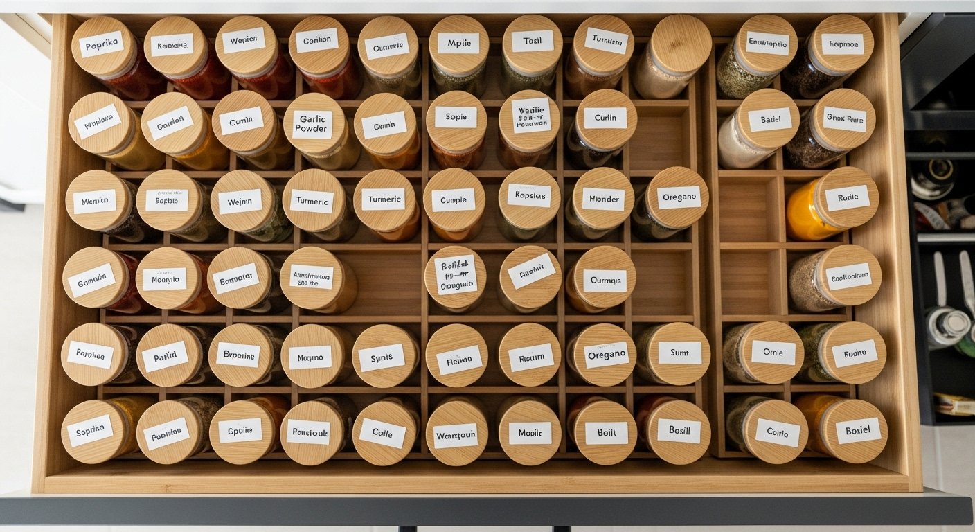 A beautifully organized kitchen drawer with uniform glass spice jars and clear labels, demonstrating tips on how to build a flavorful spice rack efficiently.