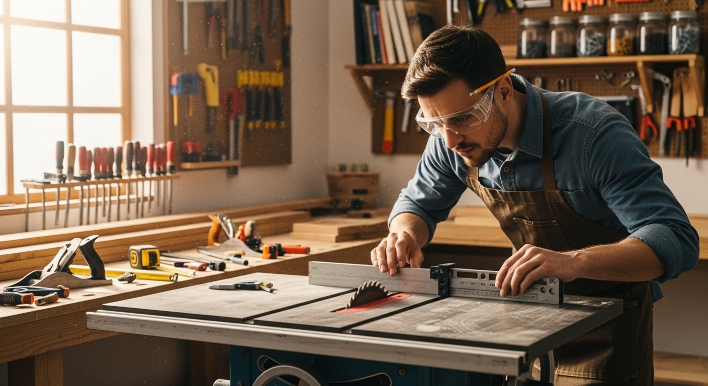A beginner woodworker inspecting a used table saw in a well-lit workshop, checking the blade and fence alignment. The image should convey a sense of careful consideration and potential for a good investment for a used table saw for beginners.