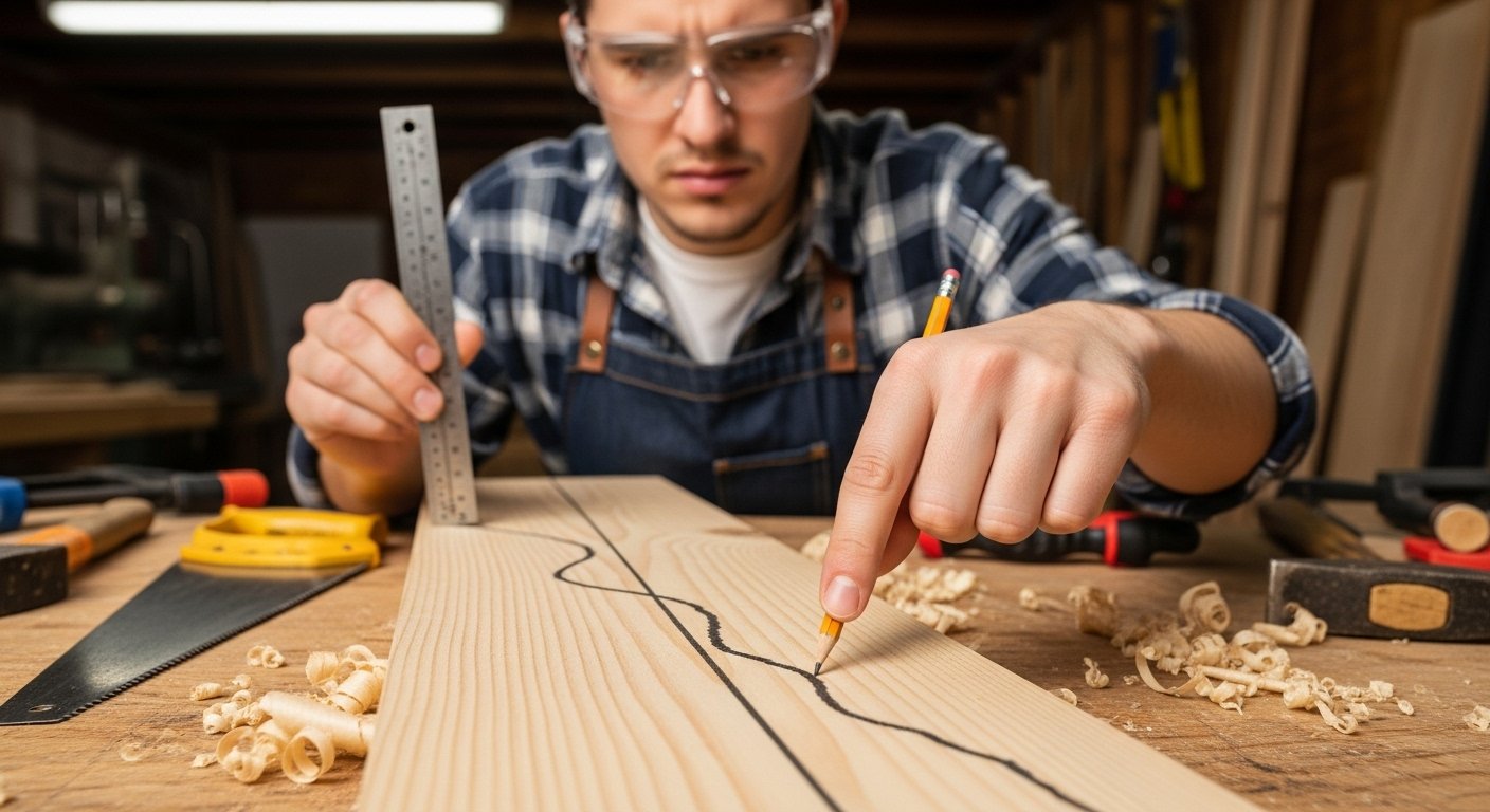 A beginner woodworker makes one of the common beginner woodworking tool mistakes by inaccurately measuring and marking a piece of wood, showing a clearly crooked line that will lead to a bad cut.