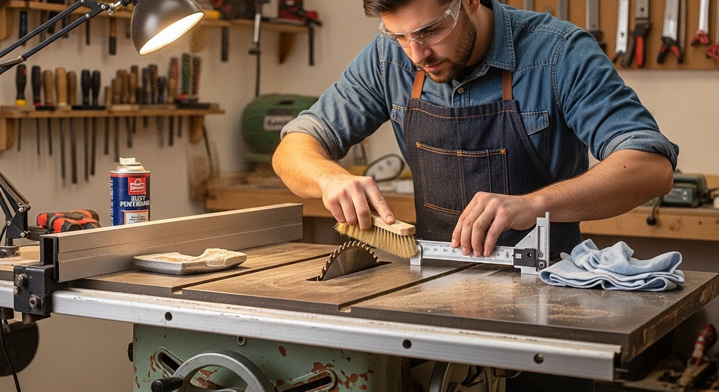 A beginner woodworker meticulously cleans and calibrates a vintage used table saw for beginners in a home workshop, demonstrating the refurbishment process.