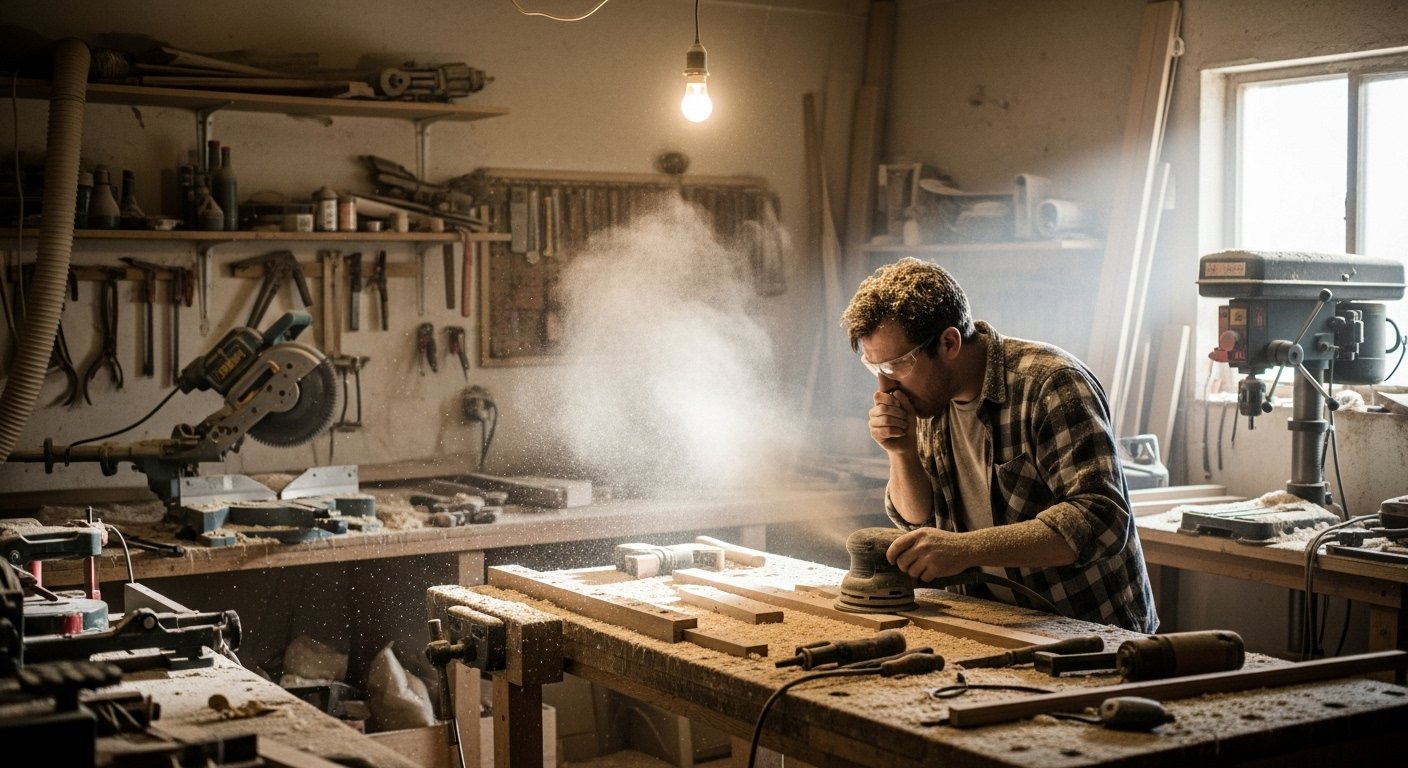 A beginner woodworking workshop illustrating beginner woodworking tool mistakes related to poor dust collection, with a thick layer of sawdust covering surfaces and a woodworker coughing.
