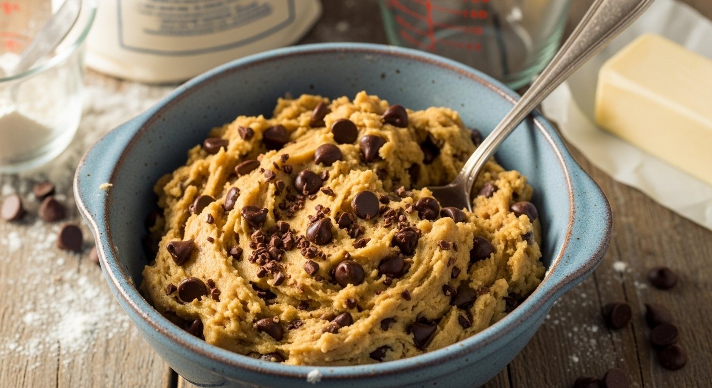A bowl of cookie dough with chocolate chips, ready to be scooped and baked, representing an easy cookie recipe for how to bake cookies for beginners.