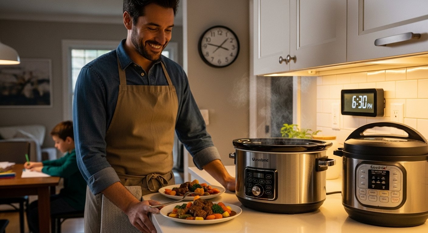 A busy person looking at a slow cooker, happily anticipating a ready meal, emphasizing slow cooker benefits for busy families, vs instant pot.