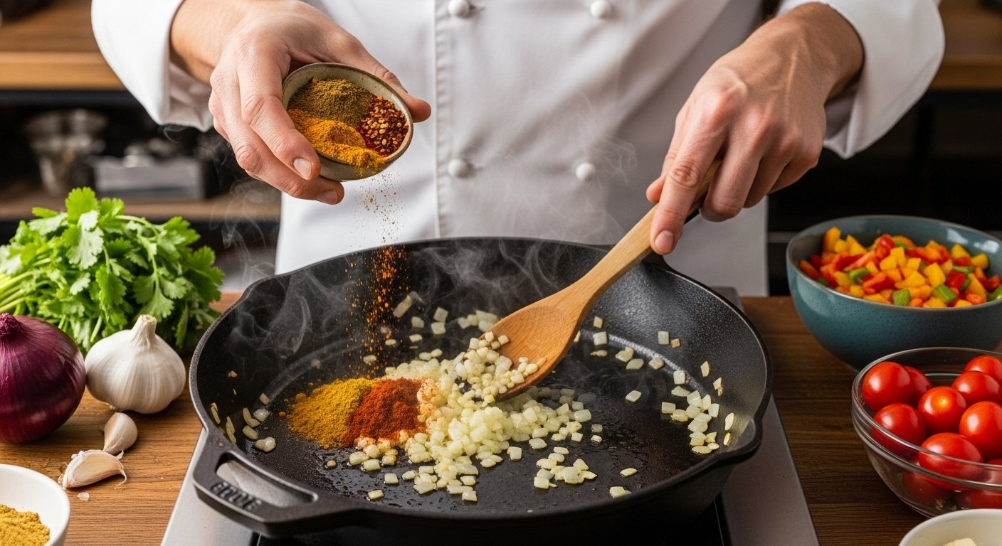 A chef expertly layers flavors for delicious one-pot meals, adding aromatic spices to sautéing onions and garlic in a large skillet, emphasizing fresh ingredients and technique.